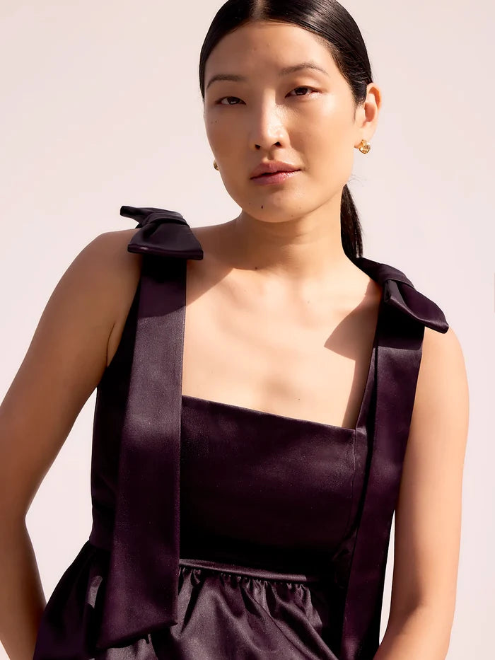 Burgundy Bow-Detail Peplum Satin Top