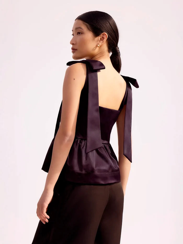 Burgundy Bow-Detail Peplum Satin Top