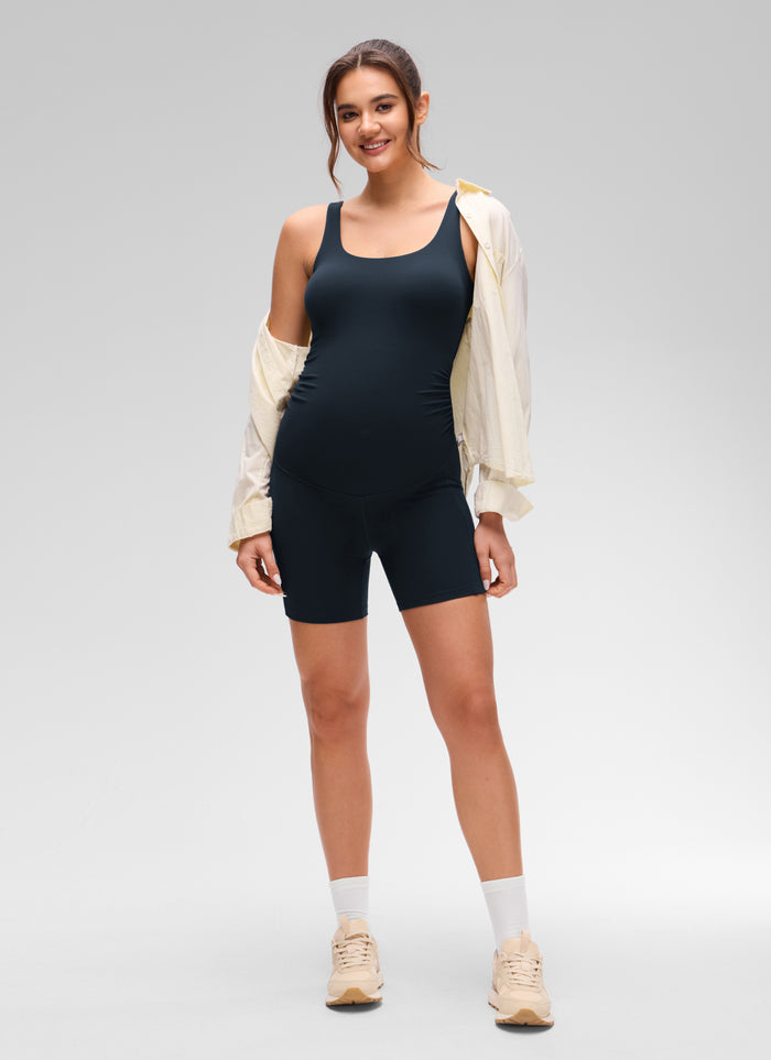 CRZ YOGA Women's Butterluxe Maternity U Neck U Back Pocket Romper 5'' True Navy