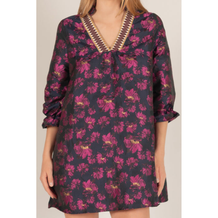 BYC - Floral Jacquard, ¾ Sleeve, Dress w Contrast Collar 0472 - Navy / Fuchsia