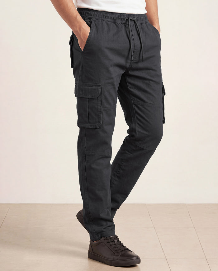Charcoal Grey Solid Cargo Pants For Men