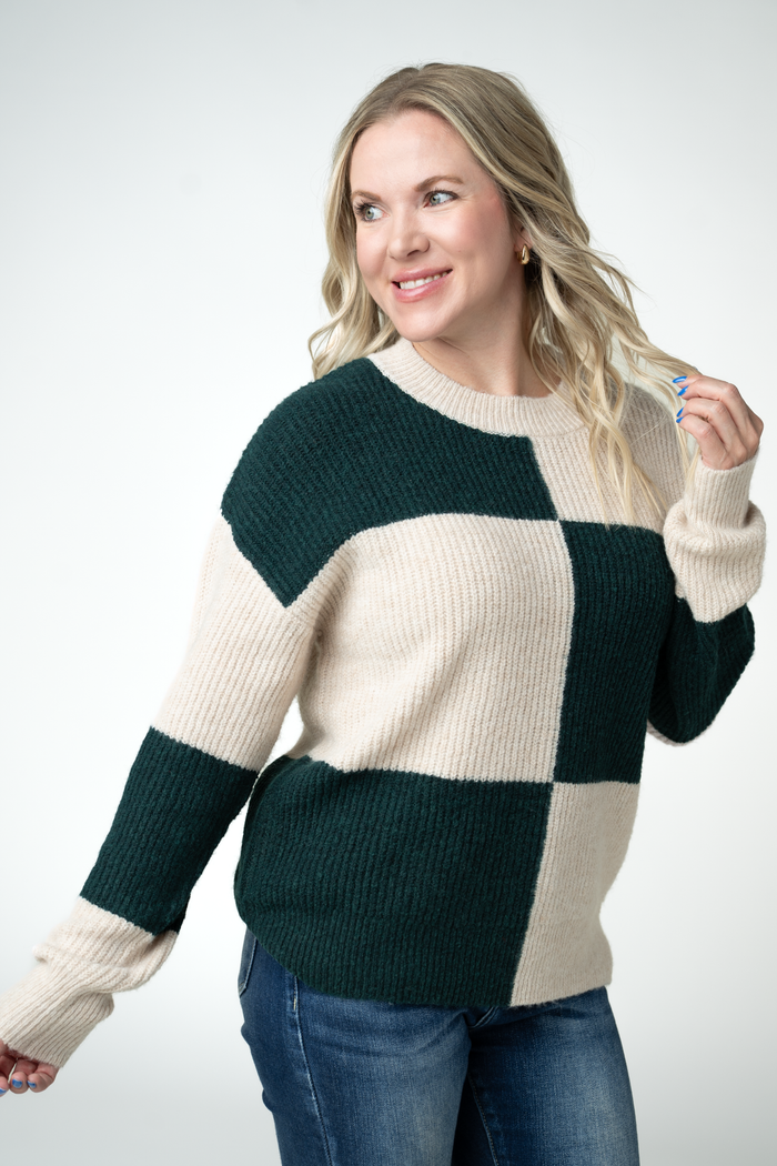 Checkered Block Sweater - Cream and Evergreen by Michelle Mae