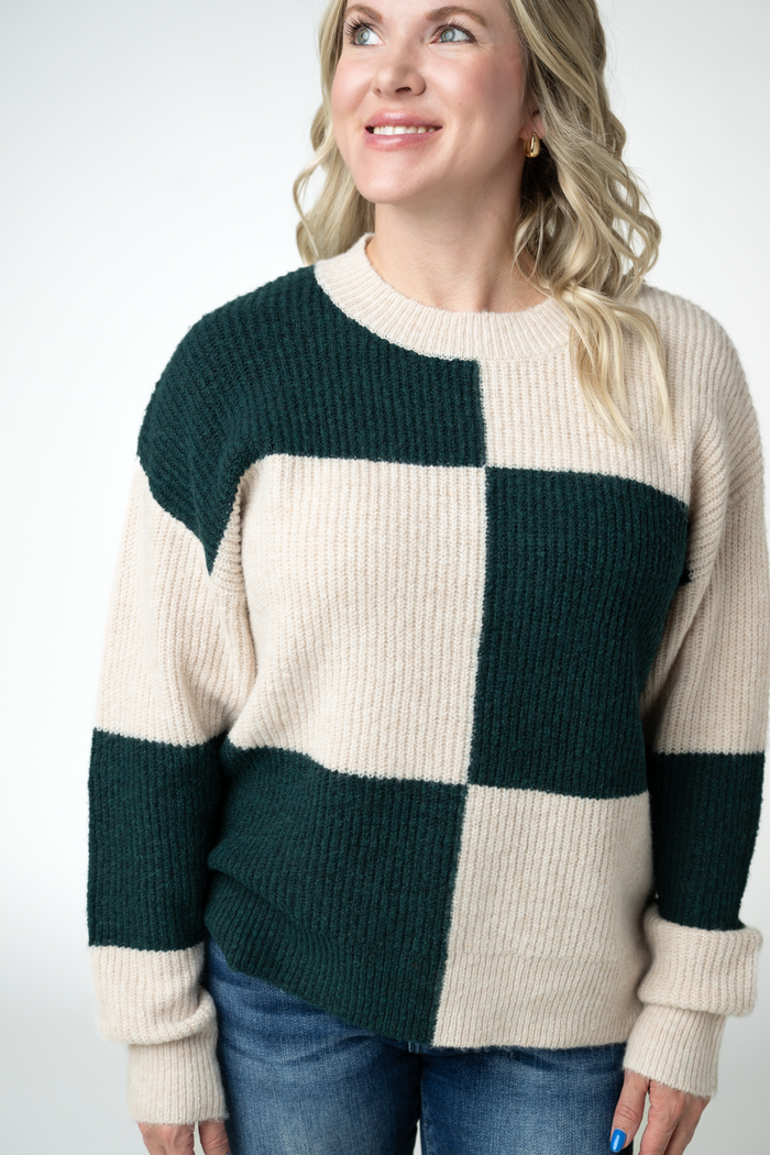 Checkered Block Sweater - Cream and Evergreen by Michelle Mae