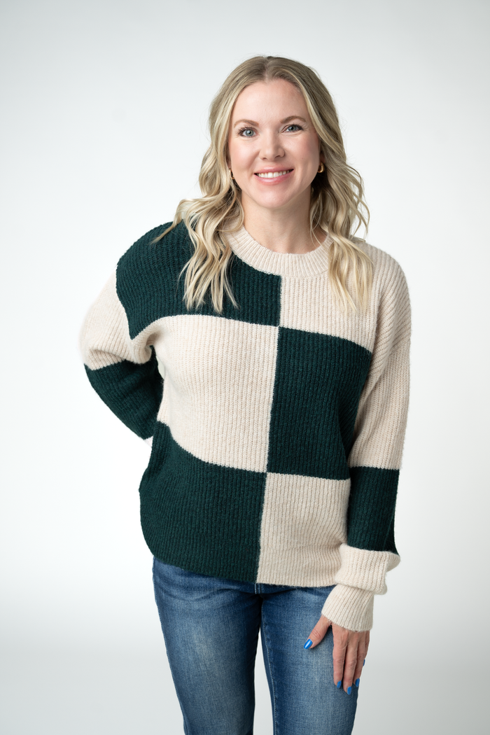 Checkered Block Sweater - Cream and Evergreen by Michelle Mae
