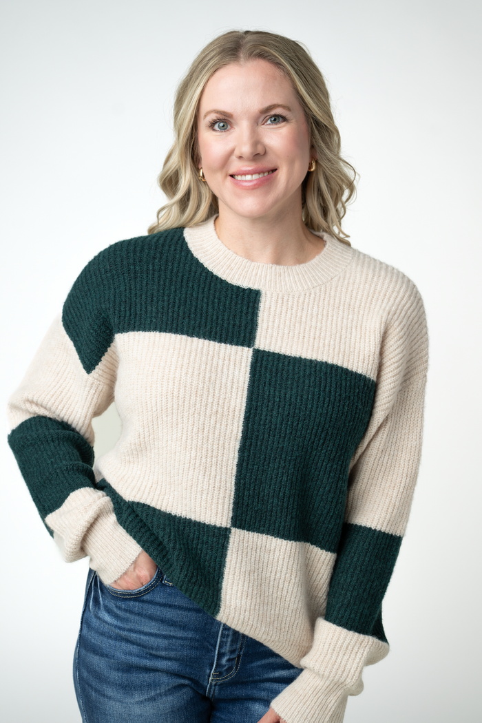 Checkered Block Sweater - Cream and Evergreen by Michelle Mae