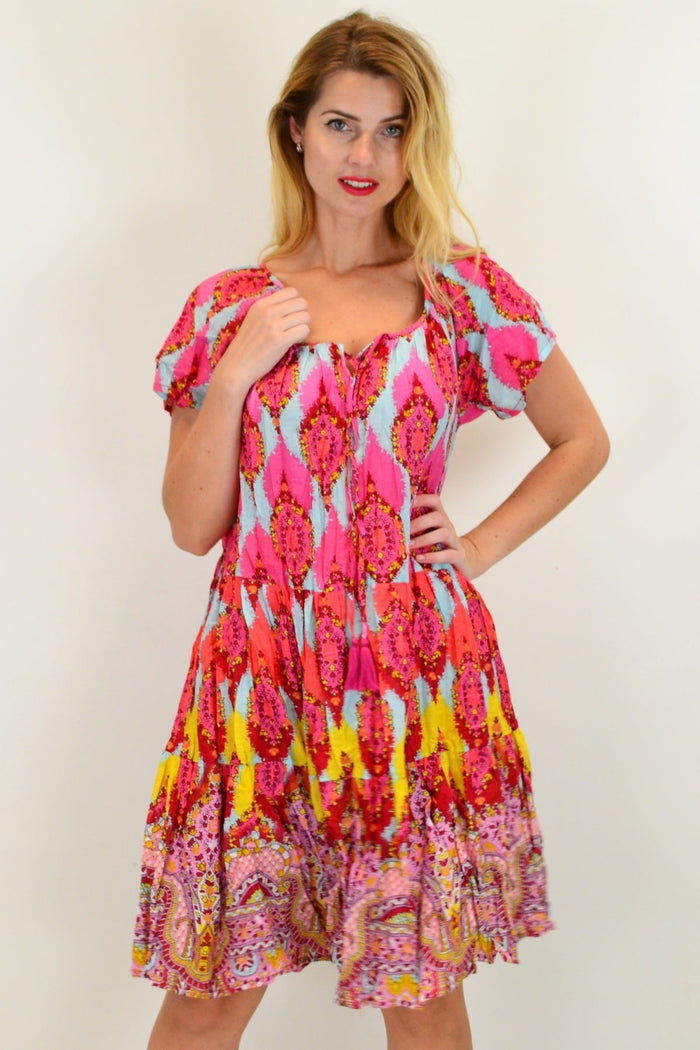 Cherry mosaic cotton shift dress by One Summer, showcasing a vibrant pattern and relaxed fit on a casual tunic.