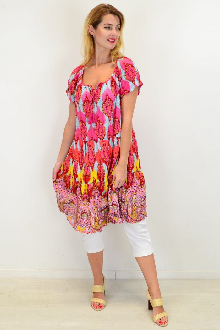 Cherry mosaic cotton tunic dress by One Summer, featuring a colorful pattern and relaxed fit, perfect for casual wear.