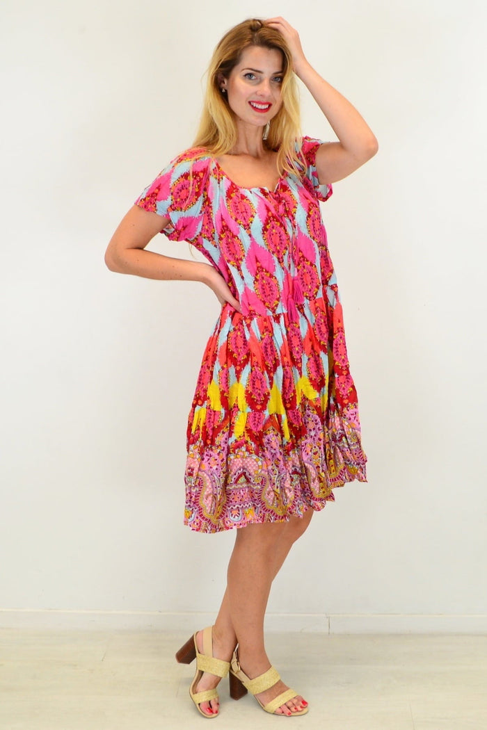 Cherry mosaic cotton shift dress by One Summer, showcasing a stylish tunic with vibrant cherry pattern and relaxed fit.