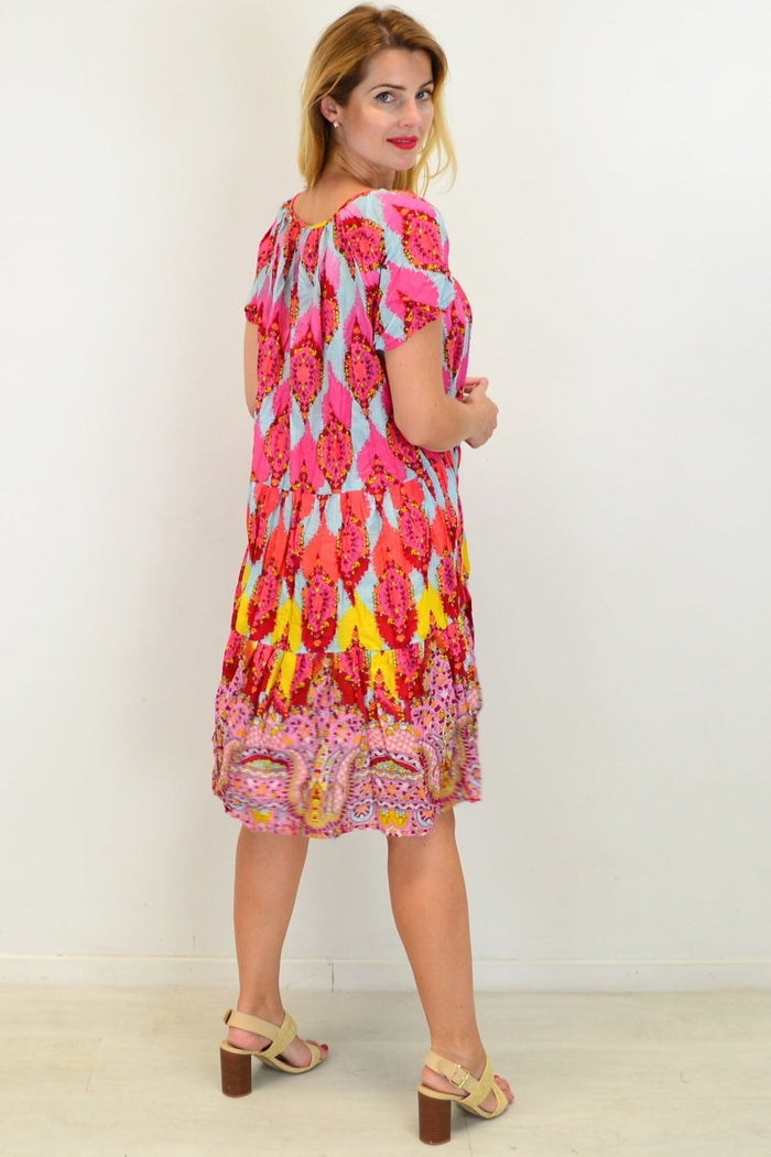 Cherry mosaic cotton tunic dress from One Summer, featuring a shift style with colorful cherry patterns and a relaxed fit.