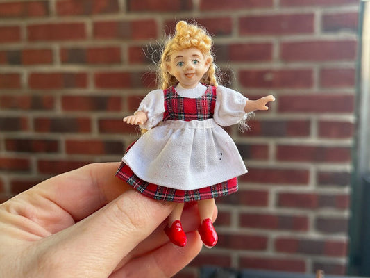 Christmas Elf Little Girl Doll in Red Plaid Tartan Dress and White Apron