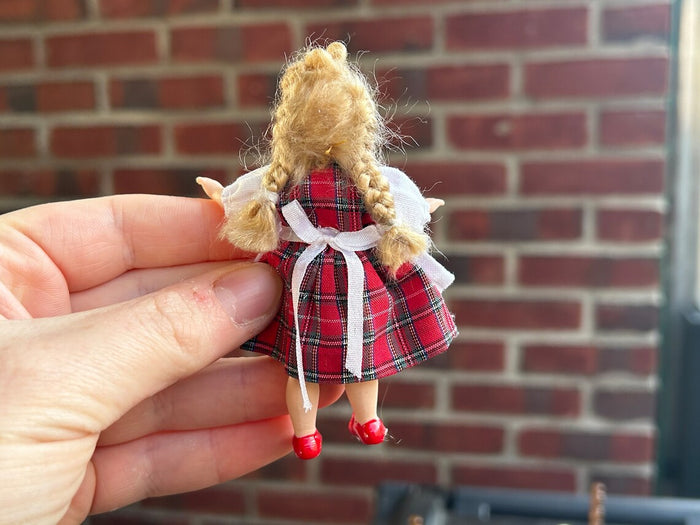 Christmas Elf Little Girl Doll in Red Plaid Tartan Dress and White Apron