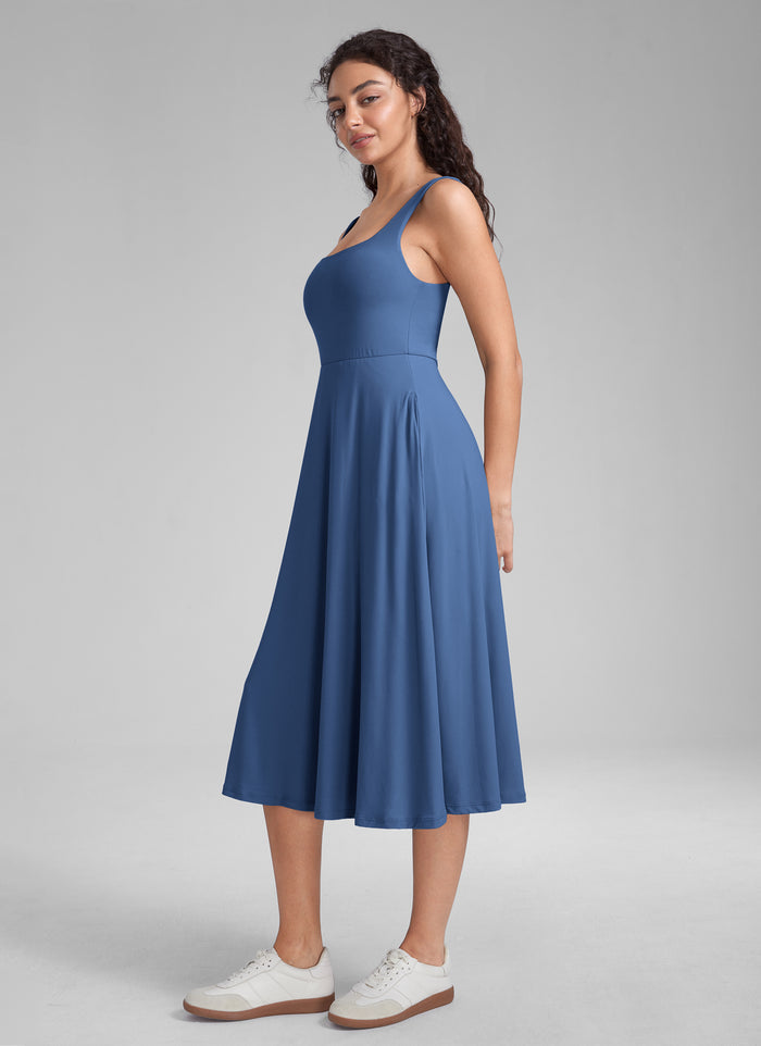 CRZ YOGA Womens Clouldweight Square Neck Pocket Sleeveless Midi Dress Pitch Blue