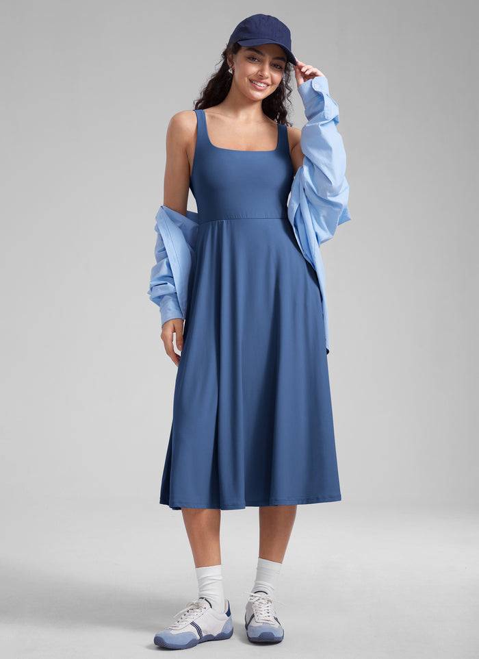 CRZ YOGA Womens Clouldweight Square Neck Pocket Sleeveless Midi Dress Pitch Blue
