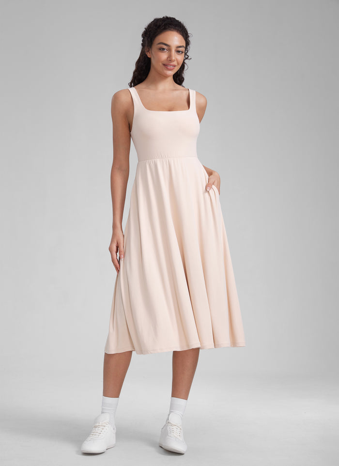 CRZ YOGA Womens Clouldweight Square Neck Pocket Sleeveless Midi Dress White Opal