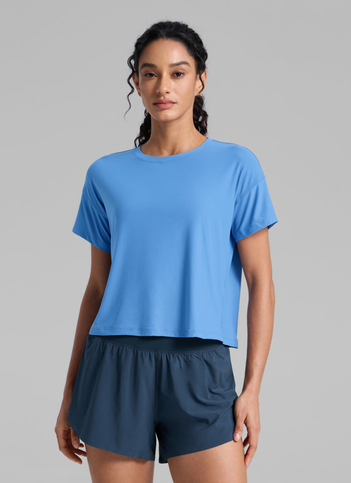 CRZ YOGA Women Cloudweight High Crew Neck Lightweight Loose Short Sleeve Party Blue