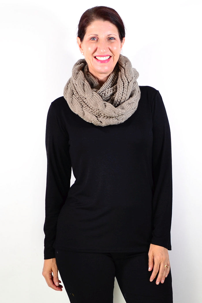 I Love Tunics coffee infinity snood scarf draped around neck, showcasing soft knit fabric and stylish loop design.