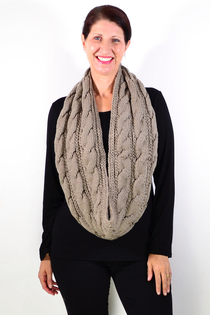 Coffee-colored infinity snood scarf by I Love Tunics, showcasing its cozy knit texture and seamless loop design.