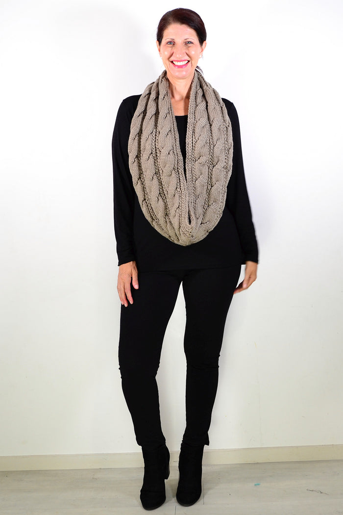 I Love Tunics Coffee Infinity Snood Scarf featuring soft, cozy fabric in warm coffee color, perfect for stylish winter layering.