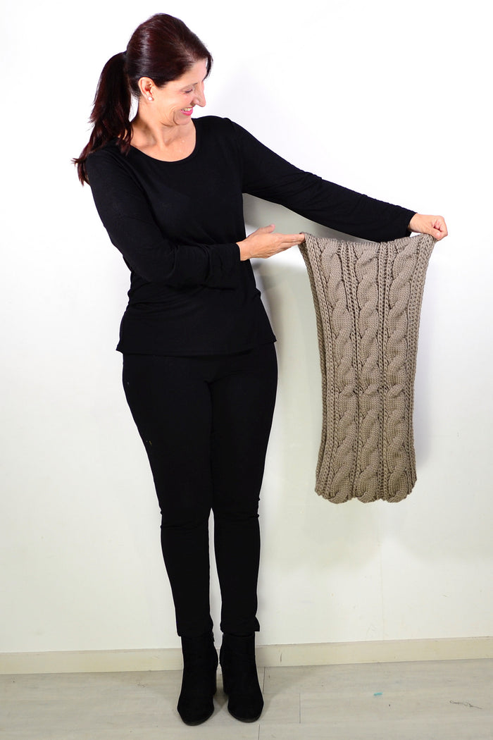 I Love Tunics coffee infinity snood scarf with soft, warm fabric, styled in a circular loop around the neck.