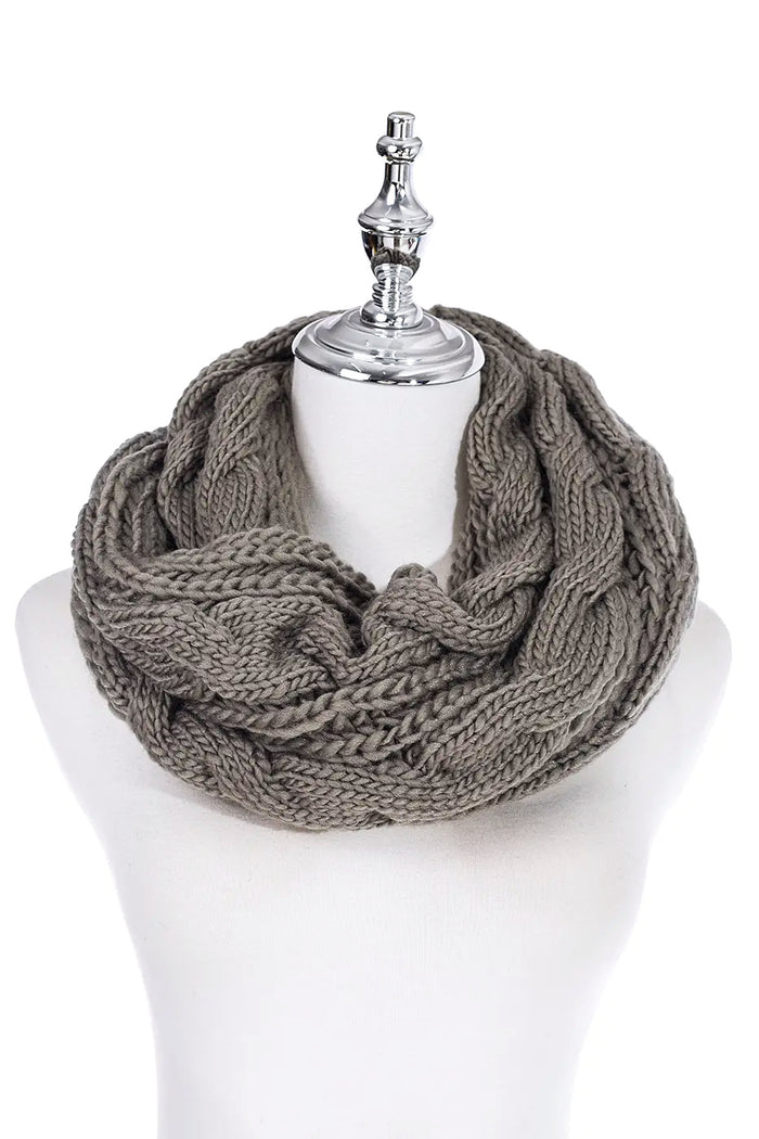 I Love Tunics Coffee Infinity Snood Scarf worn around neck, showcasing soft knitted fabric and versatile loop design.