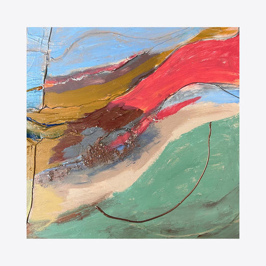 The artwork 'Complement II' by Beth Barry features dynamic abstract brushstrokes in vibrant coral red, sage green, and golden ochre colors sweeping across a textured panel. The composition suggests fluid movement with layered paint creating an organic, undulating landscape-like pattern against a light blue background. Mixed media elements add depth and texture to this 12x12 abstract piece by Beth Barry.