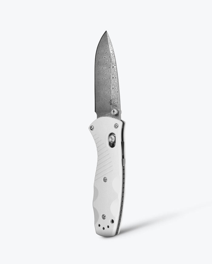 Custom Mini Barrage® Damascus Steel Blade - Vertical Open View | Benchmade Knife Co.