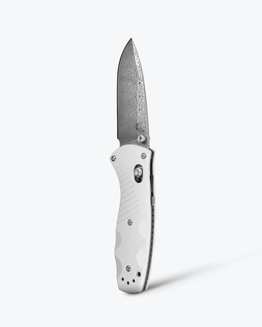 Custom Mini Barrage® Damascus Steel Blade - Vertical Open View | Benchmade Knife Co.