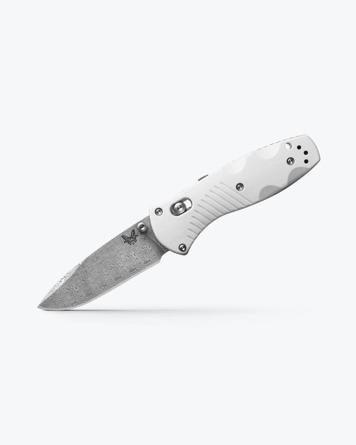 Custom Mini Barrage® Damascus Steel Folding Knife - Angled Open View | Benchmade Knife Co.