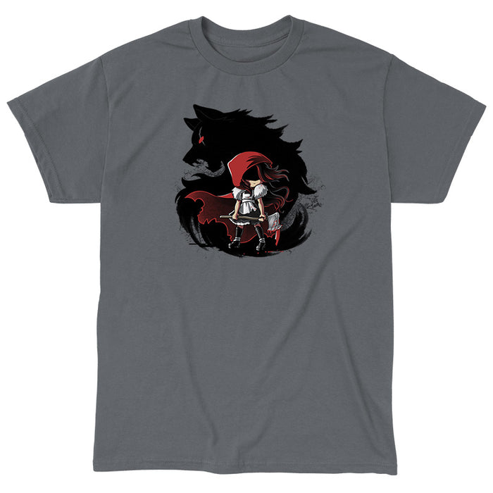 Classic Cotton T-shirt_TeeTurtle Dangerous charcoal gray t-shirt featuring a girl wearing a red riding hood holding an axe in front of a swirling silhouette of a wolf with a red eye, straight out of reading dark fairy tales.