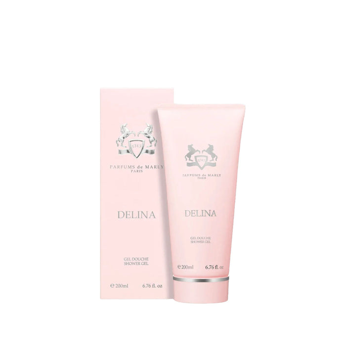 Two pink bottles of Delina shower gel by Parfums de Marly on a white background