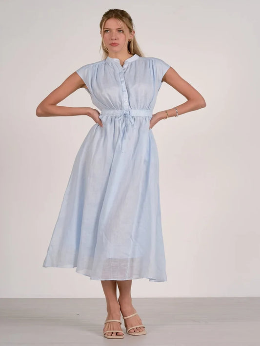 light blue midi dress with self tie waist
