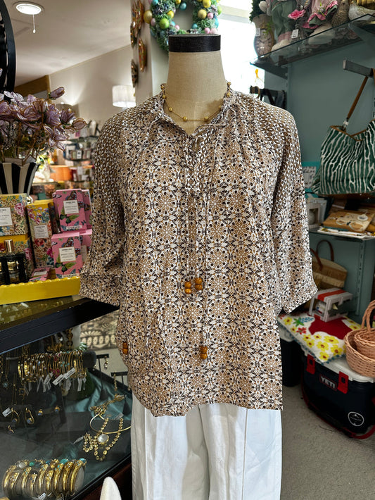 brown and white boho peasant top