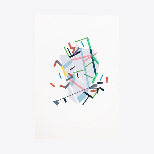 The artwork 'Eoolii-ggemn paths 10' by Philippe Halaburda features an abstract geometric composition with scattered rectangular shapes in green, red, blue, and yellow against a white background. The minimalist design shows intersecting lines and color blocks created with acrylic and tape, suggesting dynamic movement and spatial relationships. Art by Philippe Halaburda.