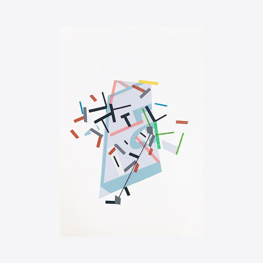 The artwork 'Eoolii-ggemn paths 12' by Philippe Halaburda features abstract geometric composition with intersecting lines and shapes in pastel blue, coral pink, black, and green. The minimalist design shows scattered rectangular strips and angular forms creating dynamic movement on white paper, executed in acrylic and tape medium.