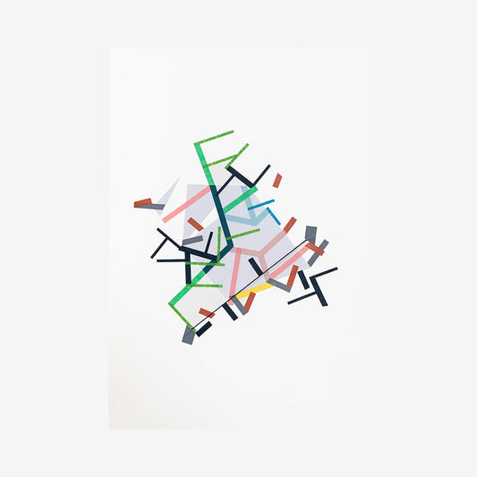 The artwork 'Eoolii-ggemn paths 1' by Philippe Halaburda features an abstract geometric composition of intersecting lines and shapes in green, navy blue, coral, and gray on white paper. The dynamic arrangement creates a sense of movement through angular tape elements and acrylic strokes, forming a modernist pathway design. By Philippe Halaburda.