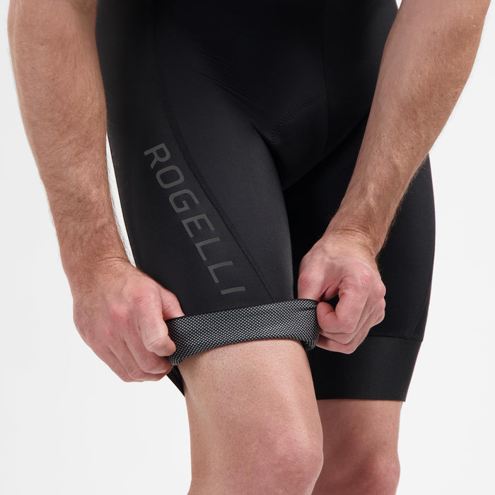 Detail van Rogelli Essential II korte fietsbroek zonder bretels heren zwart broekspijp.