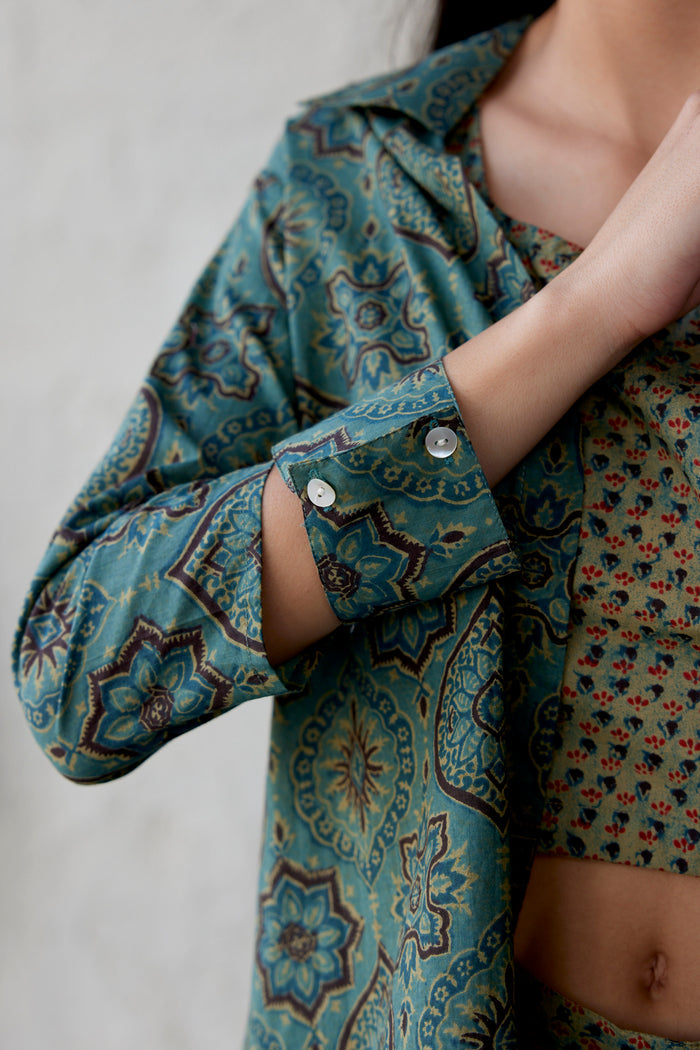Ethnic Motif on Green Three Piece Cotton Co-ord Set