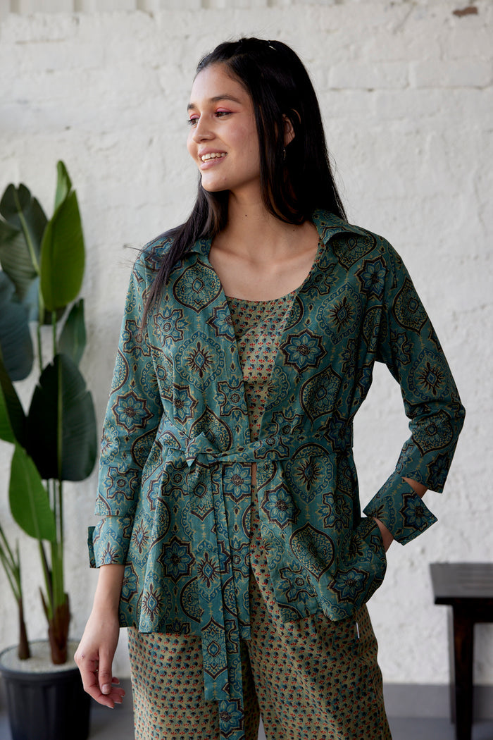Ethnic Motif on Green Three Piece Cotton Co-ord Set
