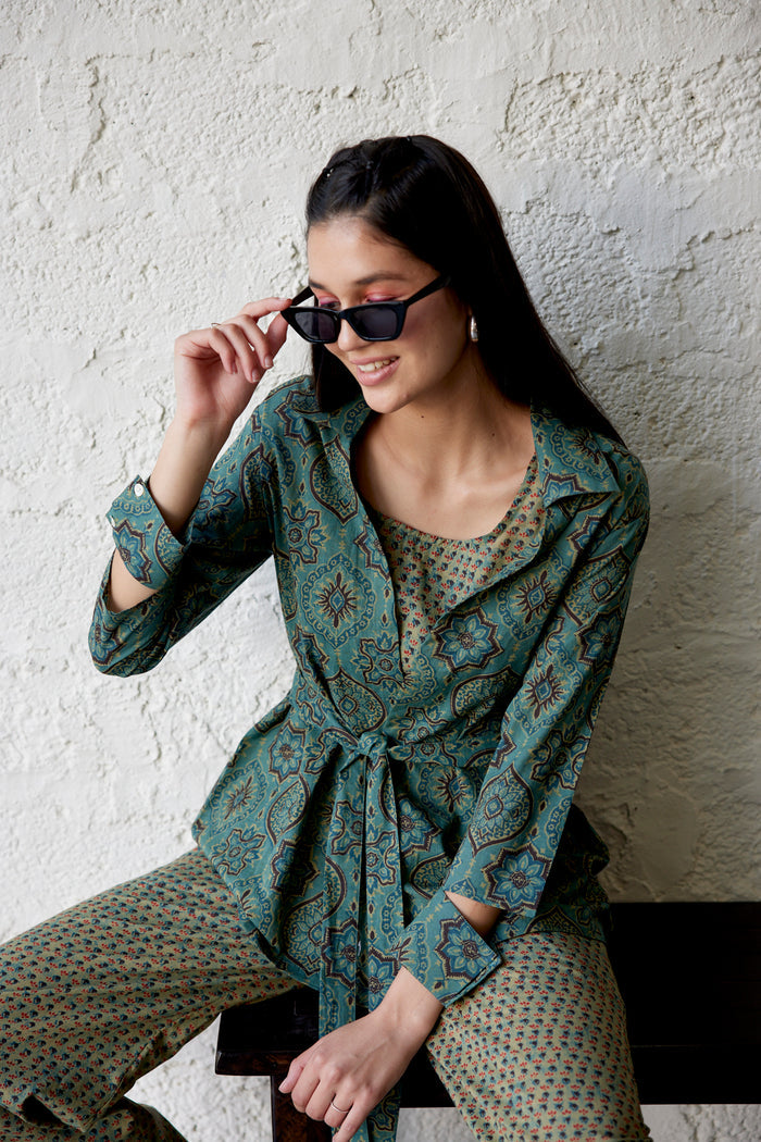 Ethnic Motif on Green Three Piece Cotton Co-ord Set