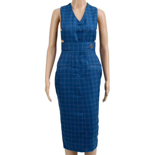 blue checkered dress for women, sleeveless business dress, cut-out office dress, FabroSanz tailored dress, modern formalwear South Africa, stylish corporate outfit, pencil dress with waist detail, fashion-forward workwear