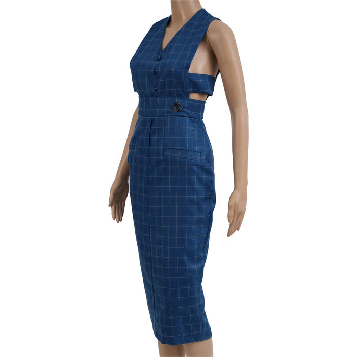 blue checkered dress for women, sleeveless business dress, cut-out office dress, FabroSanz tailored dress, modern formalwear South Africa, stylish corporate outfit, pencil dress with waist detail, fashion-forward workwear