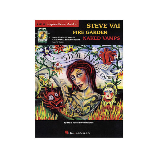 CD tab book cover titled Steve Vai Fire Garden Naked Vamps, featuring surreal artwork with a red-haired woman, flames, guitar, roses, and fantasy creatures; Hal Leonard logo at the bottom. Brand: Steve Vai.
