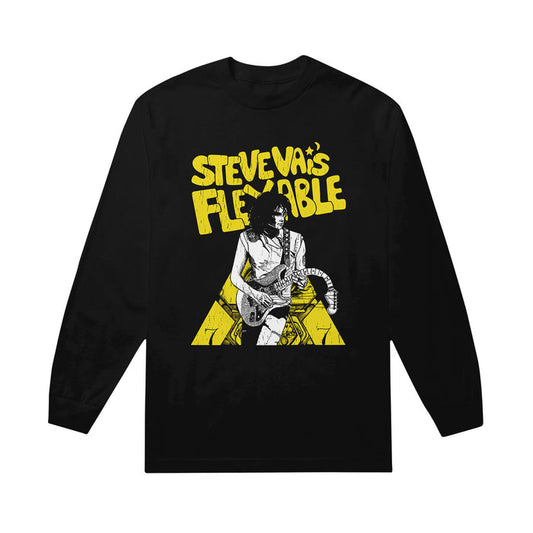 A Steve Vai long sleeve black shirt with bold yellow text, designed for everyday comfort and style.