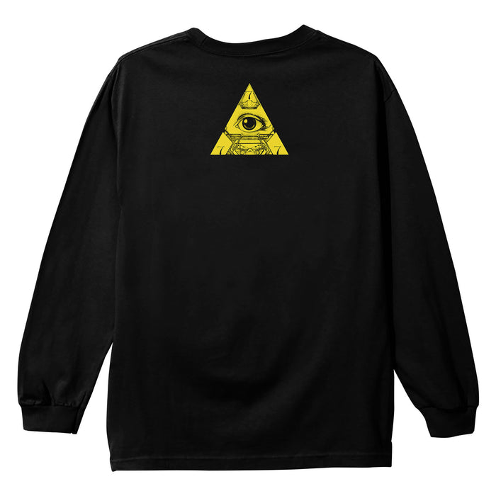 A flex-fit black long sleeve shirt by Steve Vai featuring a small yellow triangle with an illustrated Eye of Providence above a pyramid on the upper back.