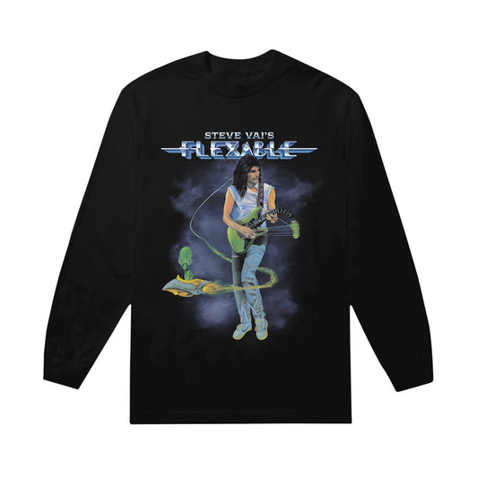 Image of a black longsleeve against white background. there is a graphic of steve vai playing a green guitar. the neck of the guitar droops down. swirling around steve is an alien in a small ship. above this in blue and white text reads "steve vai's flexable".