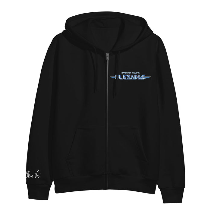 The Steve Vai Flex-Able black zip-up hoodie features “Flex-Able” in blue and white on the chest, plus “Steve Vai” in white script on the left sleeve.