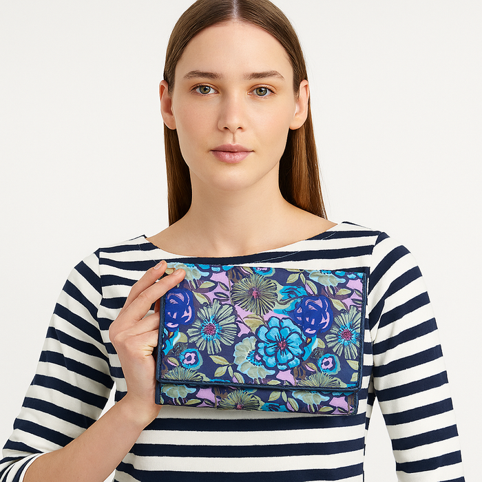 Women's floral trifold travel wallet for daily use and trips-model image