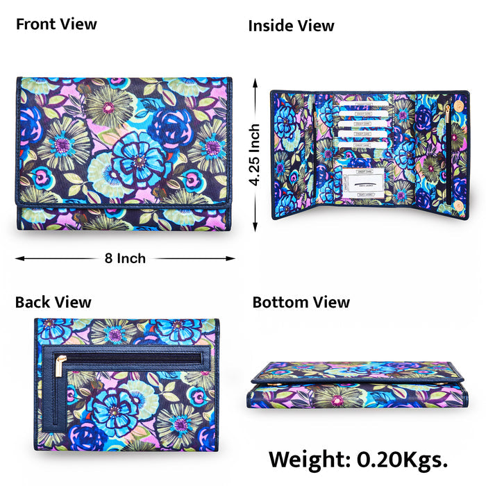 Women's floral trifold travel wallet for daily use and trips-infographic image