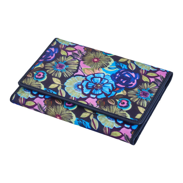 Women's floral trifold travel wallet for daily use and trips-full front view