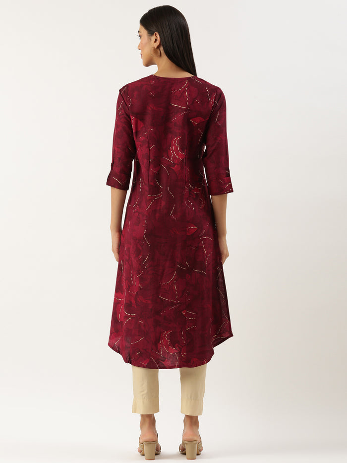 Fuchsia Leaf Printed V-Neck Kurta, Princess Cur Kurta, A-Line Kurta, Floral Print, Mandarin Collar kurta, printed kurta
